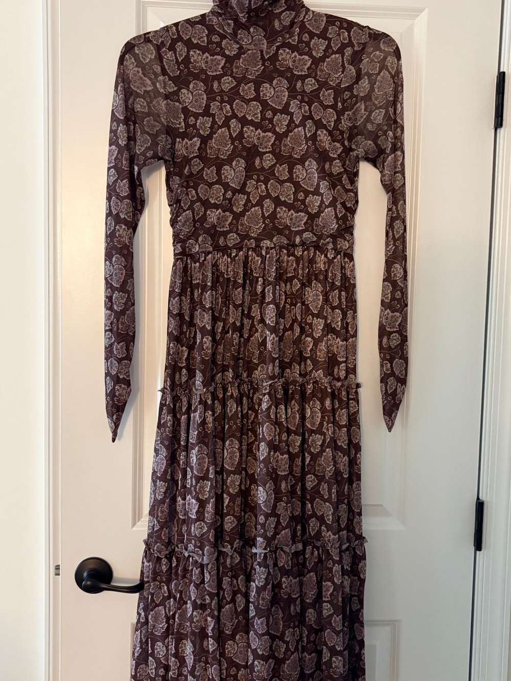 cinq a sept Brown Leaf Long-Sleeve Tiered Midi Dress